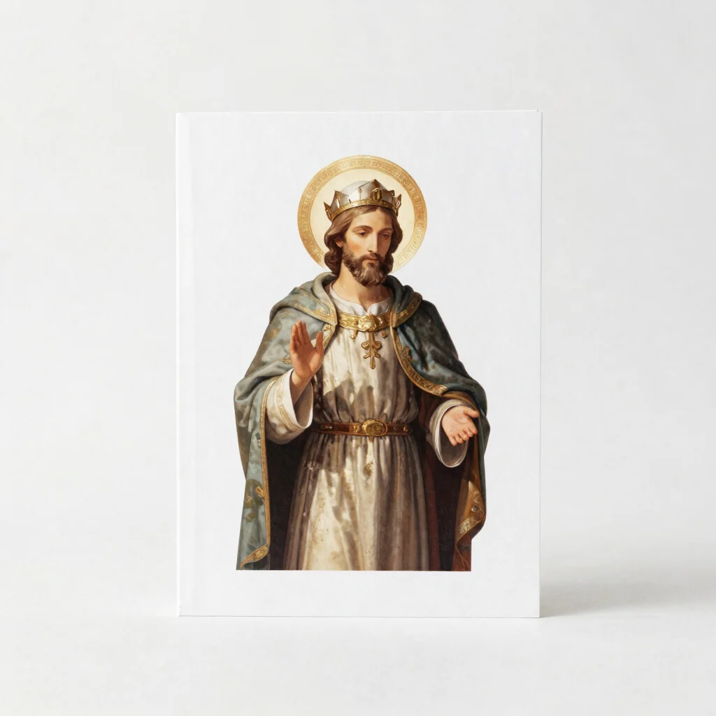 Editorial product photograph of a printable devotional artwork depicting a saint on a warm white backdrop, soft diffused
