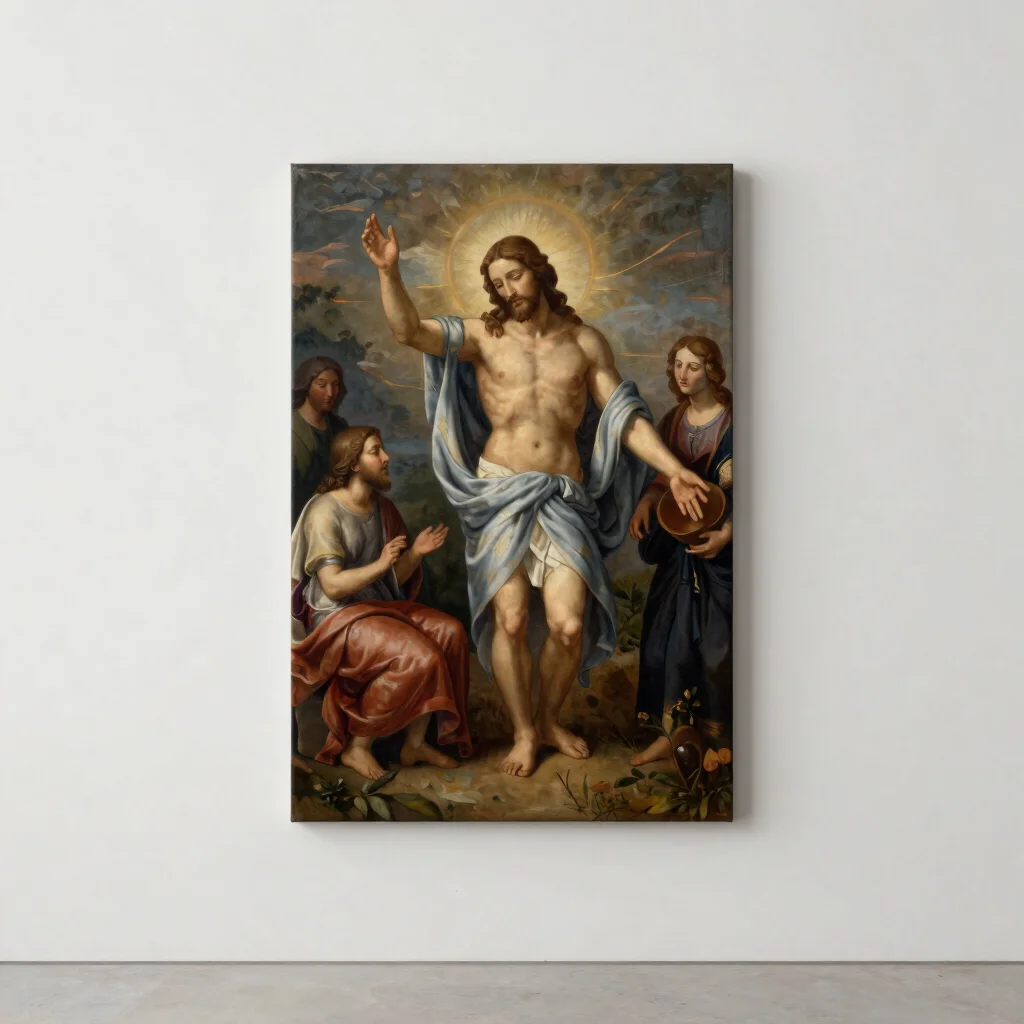 Full-length straight-on view of a classical devotional painting o